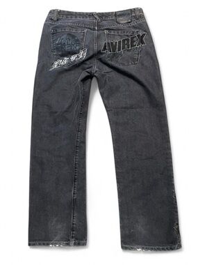 Avirex size 38 black grey Y2K denim jeans embroidered logo unique pocket design